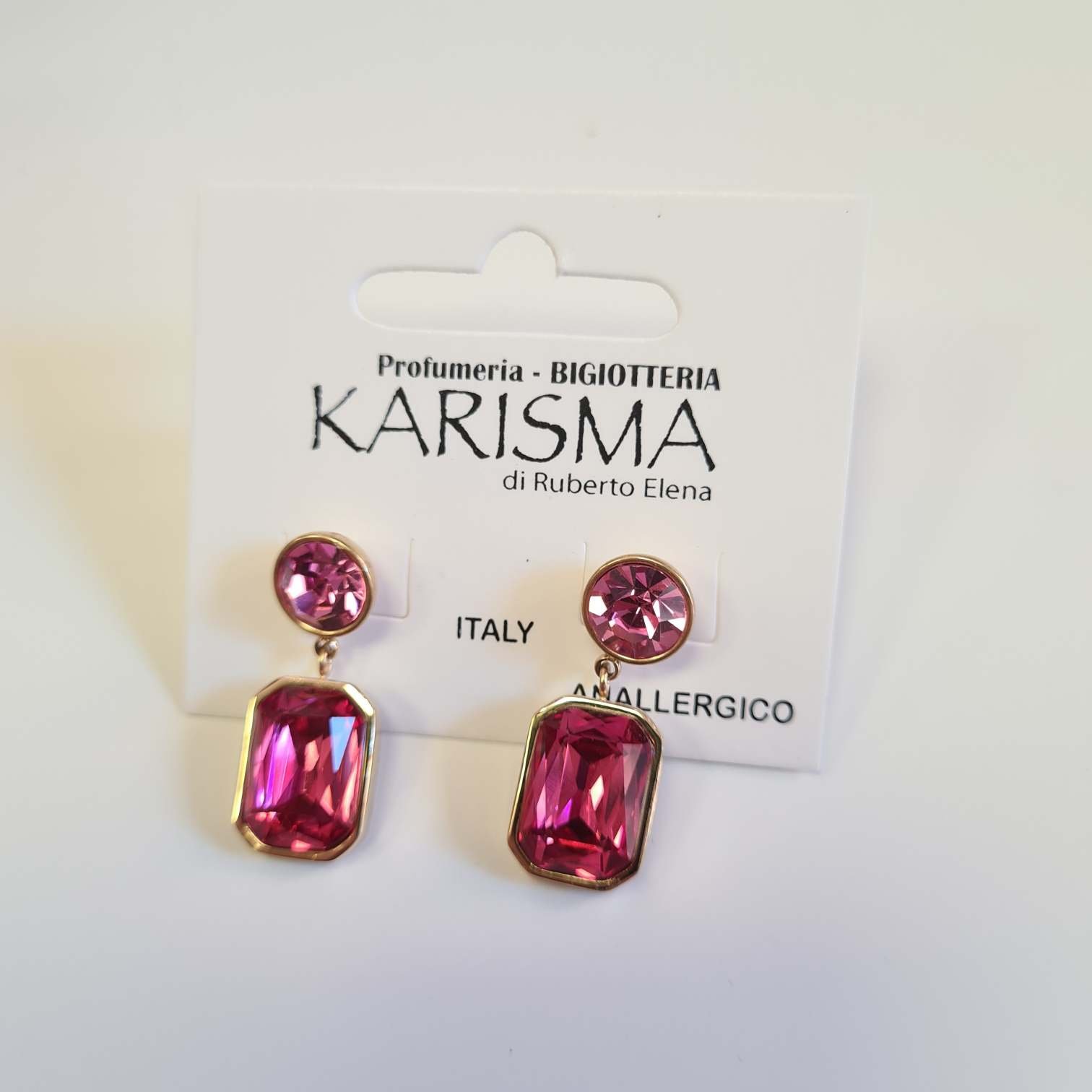 Orecchini a Perno Acciaio Dorato Cristalli Fucsia karismashop