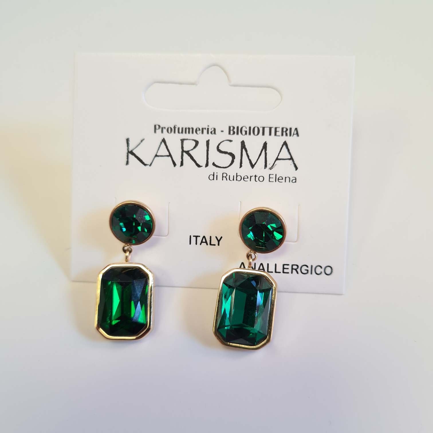 Orecchini a Perno Acciaio Dorato Cristalli Verde Smeraldo karismashop